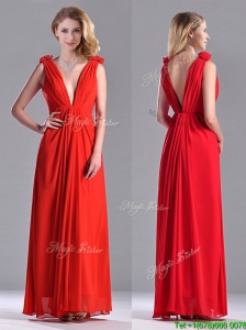 Elegant Deep V Neckline Red Bridesmaid Dress with Hand Crafted Flowers