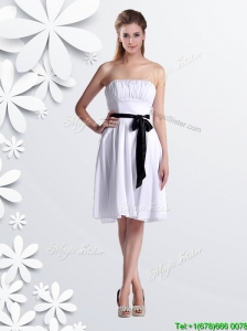 Elegant Empire Strapless Ruched and Be-ribboned White Bridesmaid Dress in Chiffon