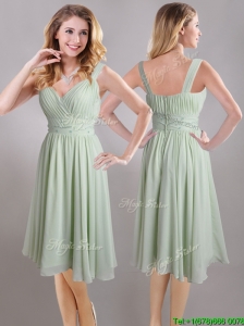 Exclusive Beaded and Ruched Apple Green V Neck Dama Dresses for Quinceanera in Chiffon