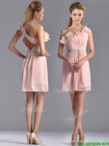 Latest Beaded and Ruffled Pink Bridesmaid Dress with Criss Cross