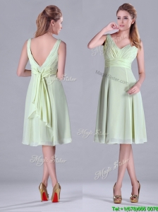 Lovely Tea Length Ruched and Belted Bridesmaid Dress in Yellow Green