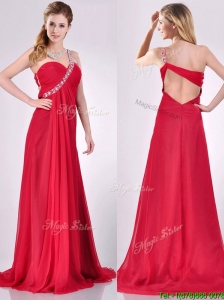 New Beaded Decorated One Shoulder Red Prom Dress with Brush Train