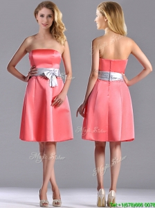 Best Selling Watermelon Knee Length Bridesmaid Dress with Silver Bowknot