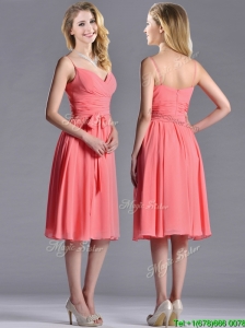 Best Spaghetti Straps Watermelon Bridesmaid Dress with Ruching and Bowknot