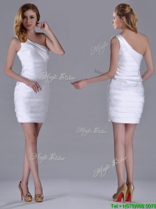 Column One Shoulder Ruched White Short Bridesmaid Dress for Homecoming