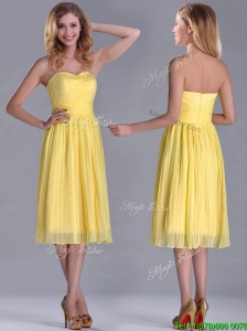 Discount Pleated Yellow Chiffon Bridesmaid Dress in Tea Length