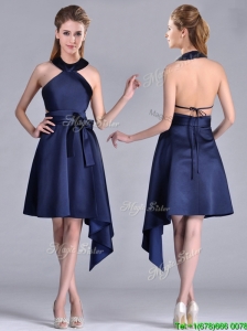 Elegant Halter Top Asymmetrical Navy Blue Mother of the Bride Dress in Satin