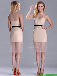 Exclusive High Neck Organza Champagne Mother of the Bride Dress with Black Belt