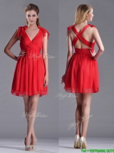 Exclusive V Neck Criss Cross Bridesmaid Dress with Ruching and Bowknot