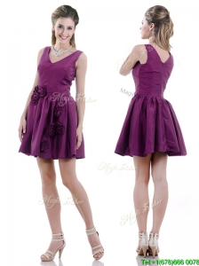 Exquisite V Neck Taffeta Purple Mother of the Bride Dress with Handcrafted Flowers