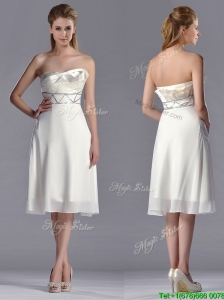 Fashionable Beaded Decorated Waist Chiffon Bridesmaid Dress in Tea Length