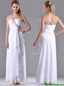 Fashionable Empire One Shoulder Chiffon Side Zipper White Bridesmaid Dress with Beading