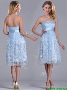 Gorgeous Empire Tea Length Applique Tulle Bridesmaid Dress in Light Blue