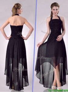 Hot Sale Halter Top High Low High Low Bridesmaid Dress with Beading
