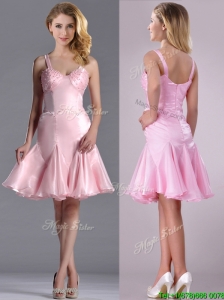 Lovely Beaded Bust Straps Short Dama Dresses for Quinceanera in Baby Pink