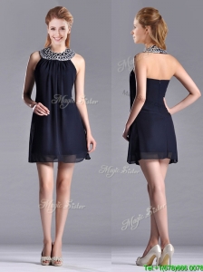 Popular Black Short Bridesmaid Dress with Beaded Decorated Halter Top