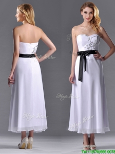 Popular Tea Length White Bridesmaid Dress with Appliques and Belt