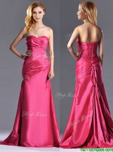 Pretty Beaded and Ruched Coral Red Column Prom Dress with Brush Train