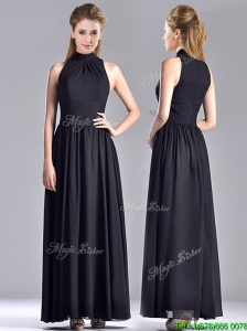 Simple Empire Ankle Length Chiffon Black Mother of the Bride Dress with High Neck