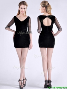 Beautiful Beaded Open Back Black  Mother of the Bride Dress with Half Sleeves