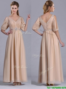 Cheap Beaded and Ruched V Neck Long Mother of the Bride Dress in Champagne