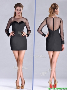 Cheap See Through Column Bateau Black Mother of the Bride Dress with Long Sleeves