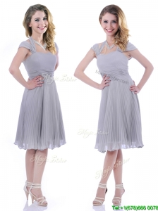Elegant Cap Sleeves Tea Length Grey Mother of the Bride Dress with Pleats