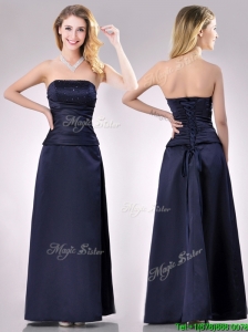 Fashionable Strapless Beaded Bust Long Mother of the Bride Dress in Navy Blue