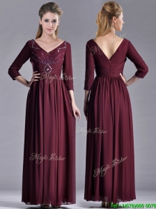 Latest Beaded V Neck Burgundy Mother of the Bride Dress with Three Fourth Length Sleeves