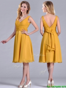 Latest Empire V Neck Ruched Gold Mother of the Bride Dress in Chiffon