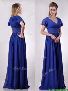 Low Price V Neck Beaded Blue Long Mother of the Bride Dress with Short Sleeves