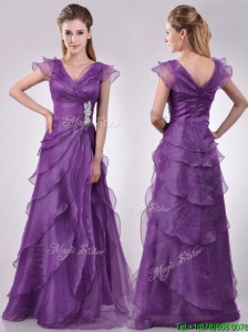 Low Price V Neck Eggplant Purple Mother of the Bride Dress with Beading and Ruffles