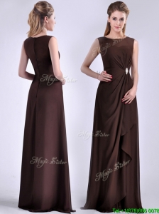 Modest Bateau Brown Chiffon Long Mother of the Bride Dress with Zipper Up