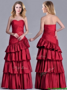 Modest Taffeta A Line Wine Red Prom Dress with Ruffled Layers