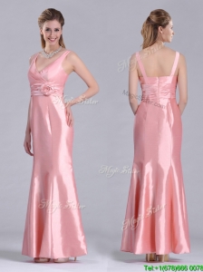 Modest V Neck Hand Crafted Flower Peach Mother of the Bride Dress in Ankle Length