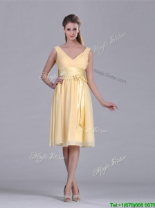 New Arrivals V Neck Bowknot Chiffon Short Mother of the Bride Dress in Yellow