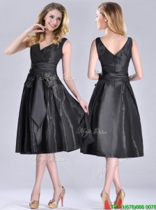 Popular Empire Black Tea Length Mother of the Bride Dress with Ruching and Bowknot