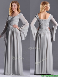 Classical Square Beaded and Ruched Mother of the Bride Dress with Long Sleeves