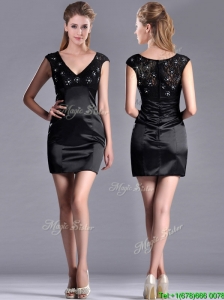 Classical V Neck Satin and Lace Mother of the Bride Dress with Cap Sleeves