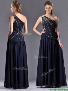 Beautiful Column One Shoulder Beaded Mother of the Bride Dress in Navy Blue