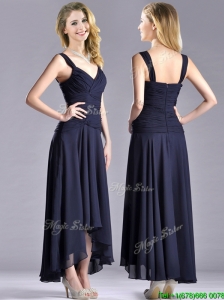 Beautiful Straps Black Chiffon Mother of the Bride Dress with High Low
