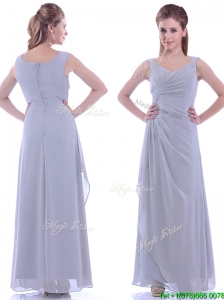 Cheap Column V Neck Ankle-length Ruching Mother of the Bride  Dress in Grey