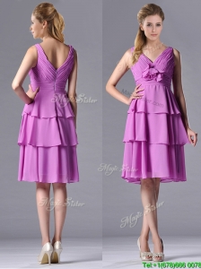 Classical V Neck Lilac Mother of the Bride Dress with Handcrafted Flower and Ruching