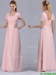 Column Square Chiffon Light Pink Chiffon Ruching Mother of the Bride Dress for Homecoming