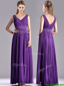 Luxurious V Neck Purple Mother of the Bride Dress with Beading and Pleats