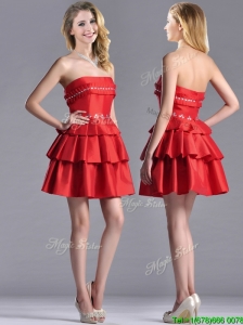 New Arrivals Red Strapless Mother of the Bride Dress with Ruffled Layers and Beading