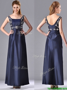 Simple Empire Square Taffeta Beading Long Mother of the Bride Dress in Navy Blue