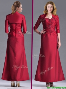 Classical Spaghetti Straps Taffeta Beaded Mother of the Bride Dress in Wine Red