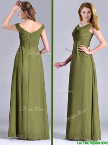 Discount Empire V Neck Chiffon Olive Green Mother of the Bride Dress with Ruching