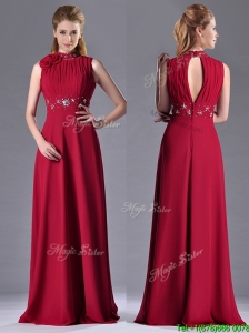 Empire High Neck Open Back Red Mother of the Bride Dress with Beading and Hand Crafted